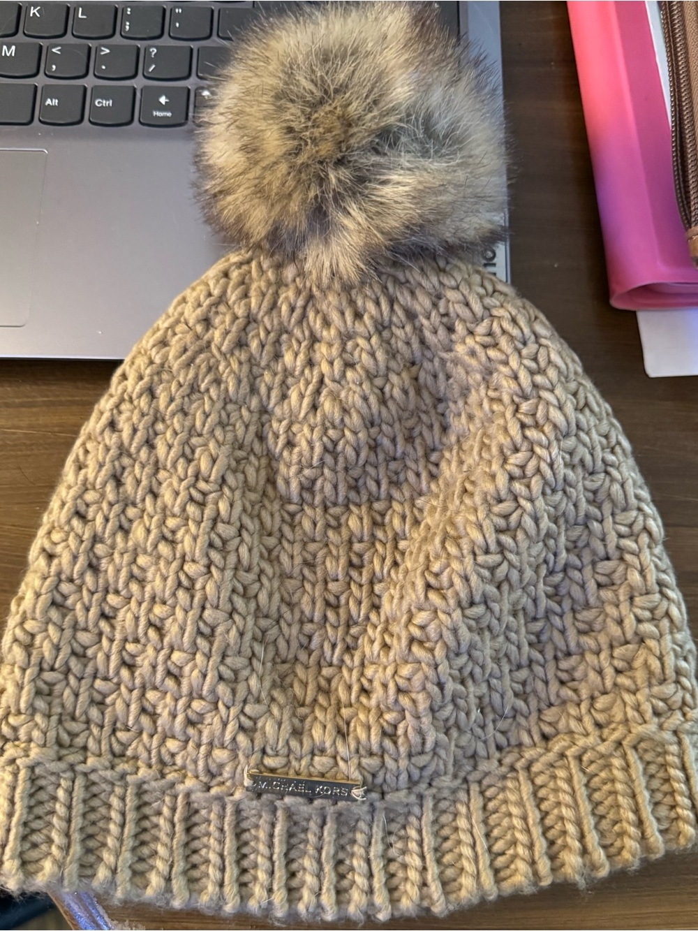 MICHAEL Michael Kors Chunky Knit Pom Pom Beanie Camel Faux Fur Cuff Hat
